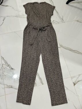 New York & Co. Black Beige Animal Leopard PatternedJumpsuit with Tie Waist M